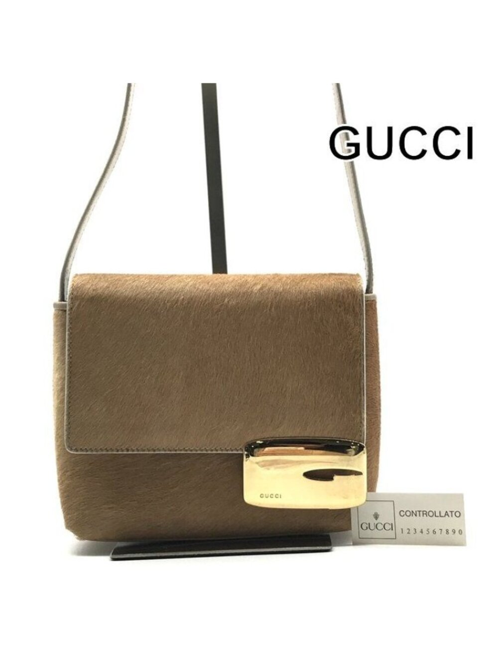 Gucci Vintage Calf Hair Shoulder Bag Beige G Logo